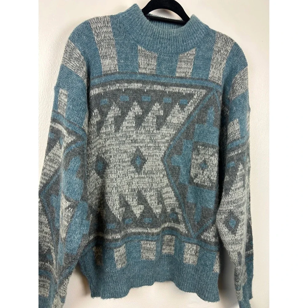 Pacific Club Mens Southwestern Mock Neck Sweater Medium Blue‎ Gray Aztec Jumper